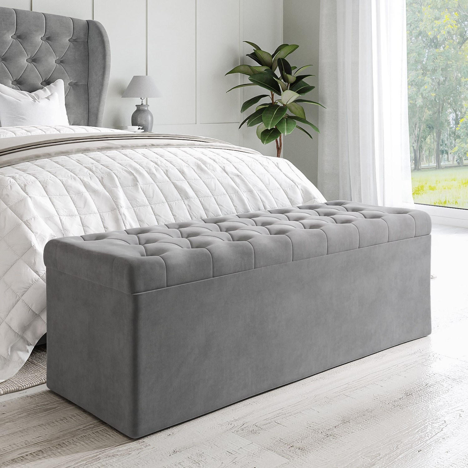Read more about Grey velvet king size ottoman bed with matching blanket box